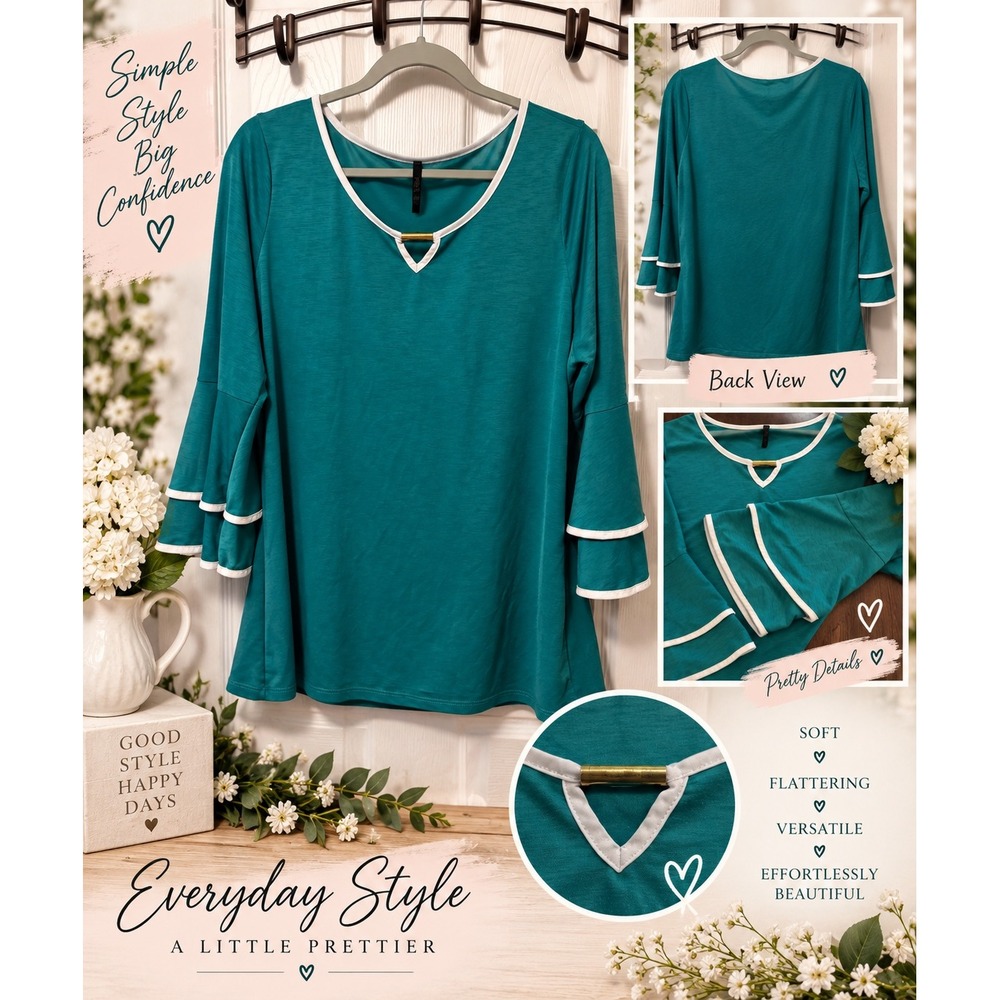 Ashley Blue Teal Green Bell Sleeve Top Gold Bar Accent White Trim Size L